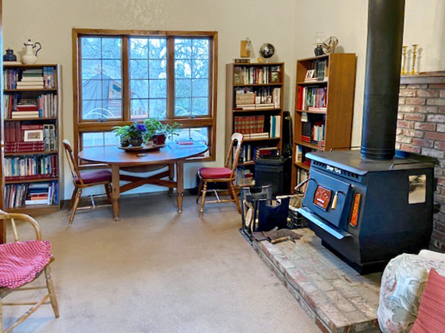 library with wood burning stove in the mountain home