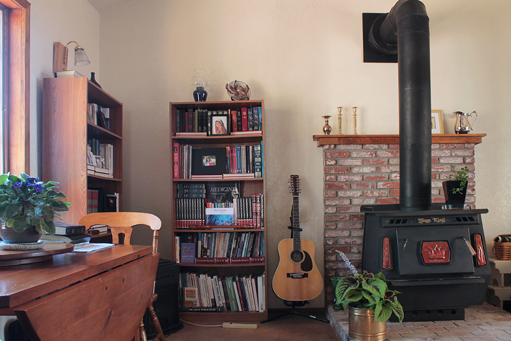 room with wood burning stove