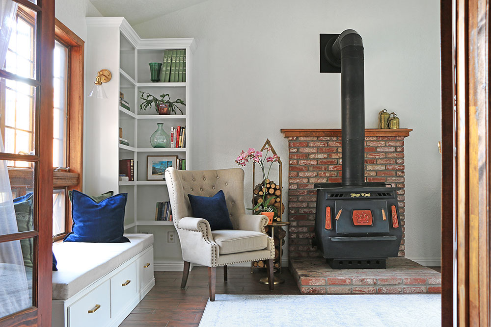 Library with wood burning stove