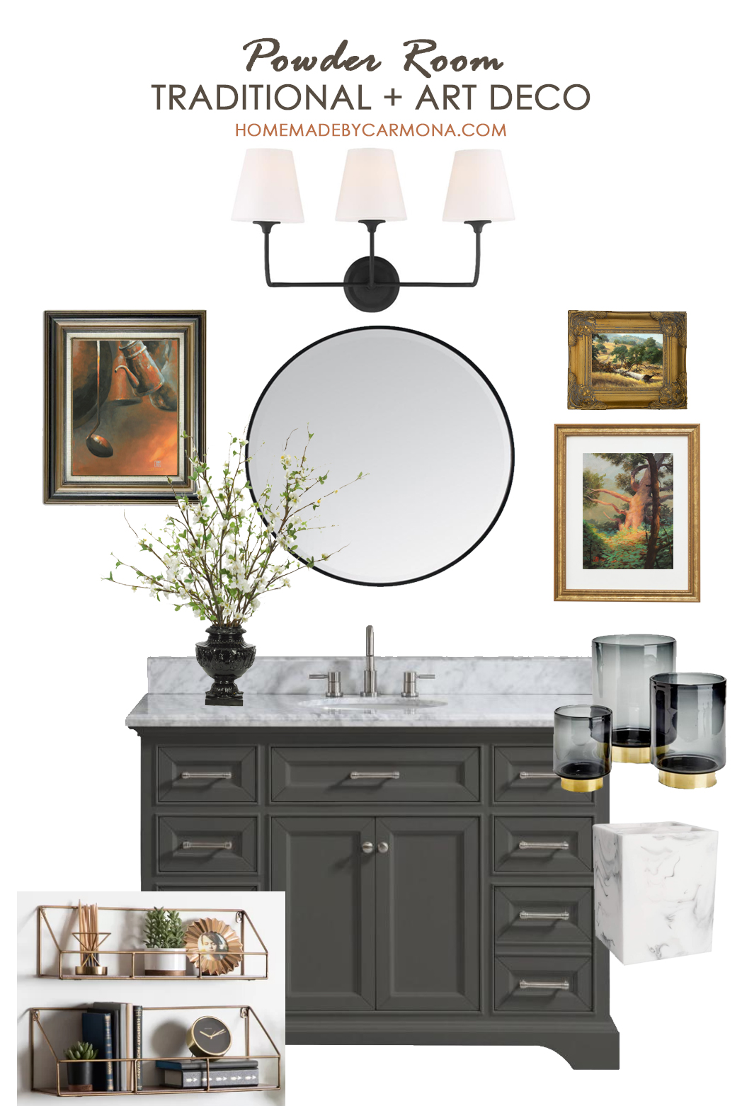 Art deco + traditional bathroom mood board