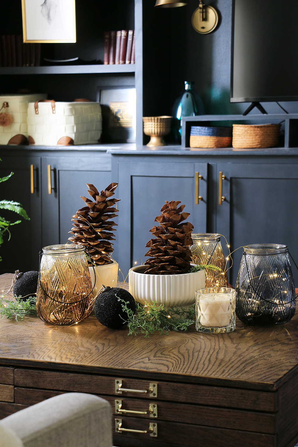 lanterns and twinkle lights on coffee table