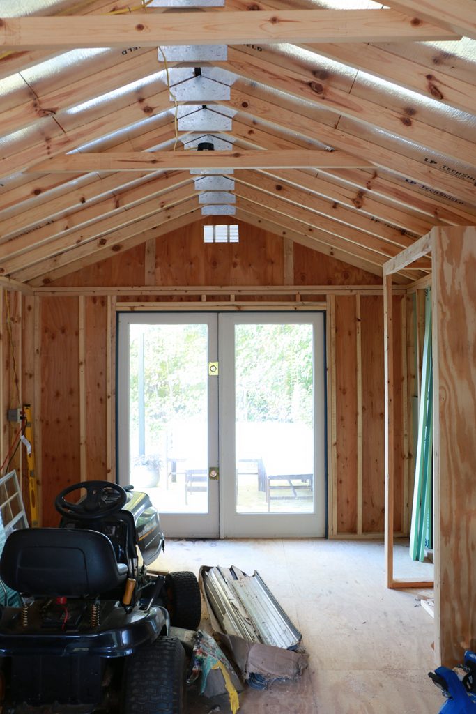 french doors installed in a shed