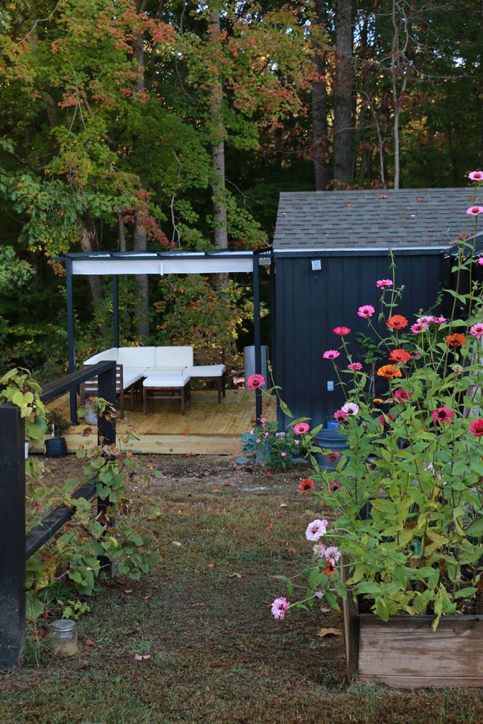 Shed with French doors leading from a shed to a deck