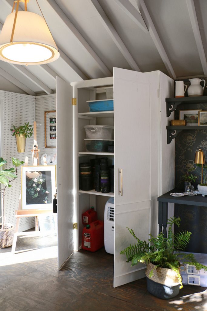 stylish storage closet in a she shed